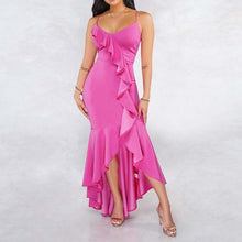 Load image into Gallery viewer, Asymmetrical 3/4 Sleeve High Waist Women Summer Dress Elegant Rose One Shoulder robe femme vestido Sexy Party Ruffle Dress