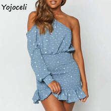 Load image into Gallery viewer, Yojoceli sexy party club dot dress women one shoulder ruffle mini dress bodycon female vestidos
