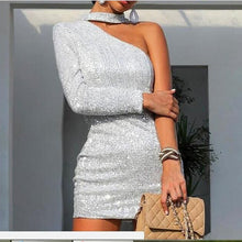 Load image into Gallery viewer, Jocoo Jolee Women One Shoulder Glitter Party Dress Sexy Silver Halter Slim Mini Shiny Dresses Spring Summer Bodycon Dress Mujer